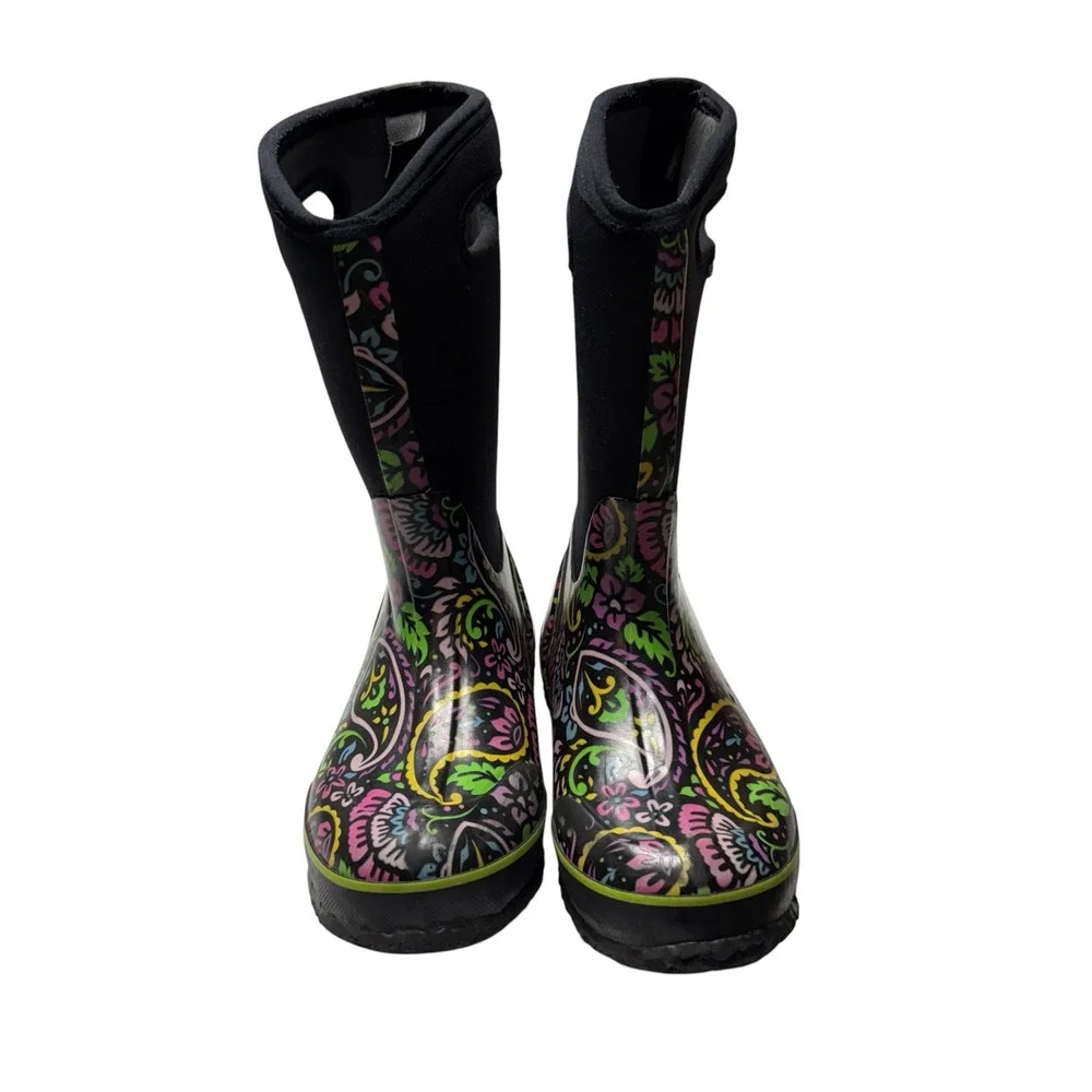 Bogs Tuscany High Rain Snow Boots Girls Sz 4 Paisley Floral Waterproof -30 Black